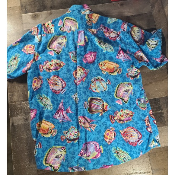 Vintage 80s Lands End Colorful Tropical Fish Print Cotton Shirt Men L Made USA - Picture 2 of 5
